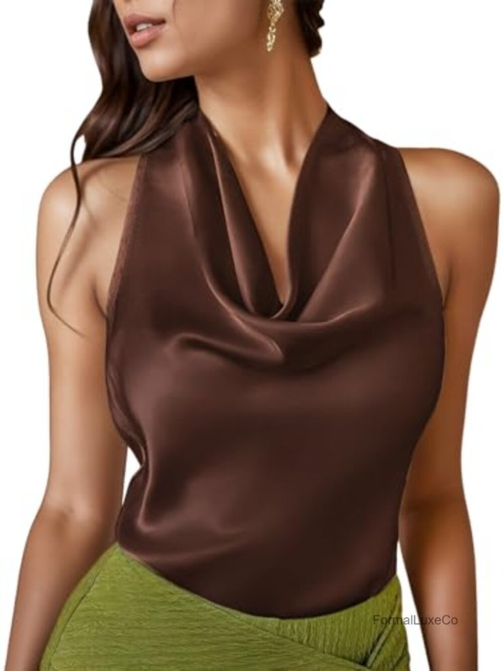 Silk Satin Halter Top Cowl Neck Tie Back Tank Top